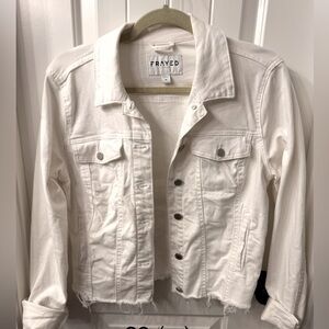Frayed, White Denim Cropped Jacket, Size Medium